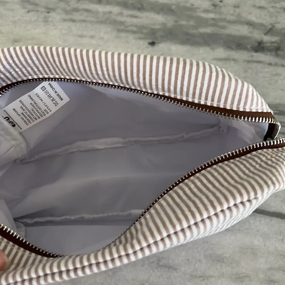 Tan & White Striped Seersucker Travel Cosmetic Bag Zipper Closure